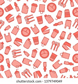 Seamless pattern of Plastic packaging icons outline set, icons of bottle, bag, plate,container, cup. Outline icons. Vector illustration, eps 10.
