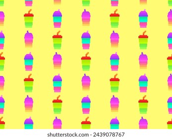 Seamless pattern with plastic or paper cups with straws in pixel art style. Pixel paper glasses for carbonated drinks. 8-bit smoothie glass with straw in retro video game style. Vector illustration