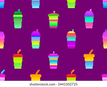 Seamless pattern with plastic or paper cups with straws in pixel art style. Pixel paper glasses for carbonated drinks. 8-bit smoothie glass with straw in retro video game style. Vector illustration
