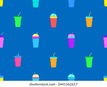 Seamless pattern with plastic or paper cups with straws in pixel art style. Pixel paper glasses for carbonated drinks. 8-bit smoothie glass with straw in retro video game style. Vector illustration