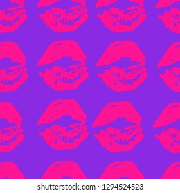Seamless pattern of plastic pink lipstick kisses prints on proton purple background. Vector illustration EPS 8.
