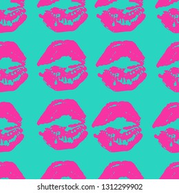 Seamless pattern of plastic pink lipstick prints imprints on turquoise background. Vector illustration EPS 8.