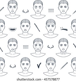 Seamless pattern of plastic surgery face with line icons. Flat design. Vector illustration