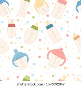 Patrón transparente de botellas de bebé plásticas transparentes con pezones de silicona para la alimentación de recién nacidos ilustración vectorial plana sobre fondo blanco