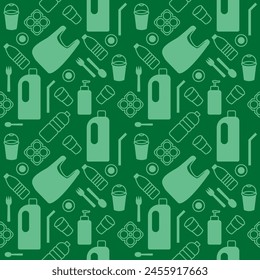 Seamless pattern with plastic waste, empty bottles, plastic bags and containers.