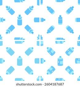 Seamless pattern with plastic water bottles lying and cut in half over white background
