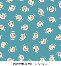 Seamless pattern of plate of breakfast  blue green background. Vector design for paper print business, fabric or background and wallpaper.