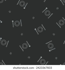 Seamless pattern of plate and cutlery. Table set fork knife doodle icons. Vector background wallpaper.