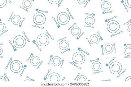 Seamless pattern of plate and cutlery. Table set fork knife doodle icons. Vector background wallpaper.