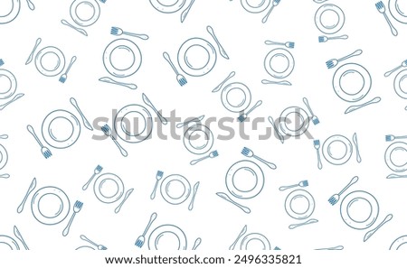 Seamless pattern of plate and cutlery. Table set fork knife doodle icons. Vector background wallpaper.