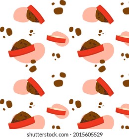 Seamless pattern with plate of food for cat or dog. Bowl with feed. Nutriment, foodstuff, pabulum. Vector illustration