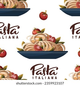 Seamless pattern with Plate of Italian pasta and tomatos. Italian food, healthy eating, cooking, recipes, restaurant menu concept. Vector illustration.