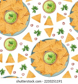 Seamless pattern with a plate of nachos and guacamole sauce on a white background. Traditional Mexican food. Corn chips. Vector background for wrapping paper, fabric, wallpaper. Latin American food