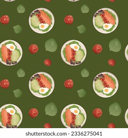 Seamless pattern with plate with scrambled eggs, avocado, salmon, vegetables. Healthy eating, nutrition, diet, cooking, fresh food concept. Perfect for product design, scrapbooking, textile, wrapping