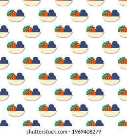 Seamless pattern. Plate with strawberries and blueberries. Background for decoration, invitations, fabrics. Design for confectionery and bakery. Vector illustration
