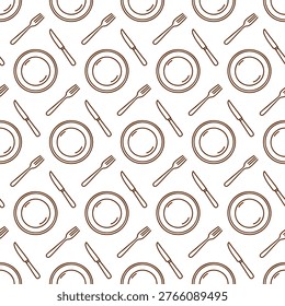 Seamless pattern with plates, forks and knives on white background. Minimal brown outline vector print. 