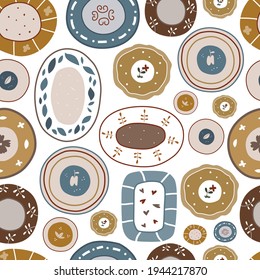 Seamless pattern with plates. Kitchen decor. Cooking concept. Vector hand drawn illustration.