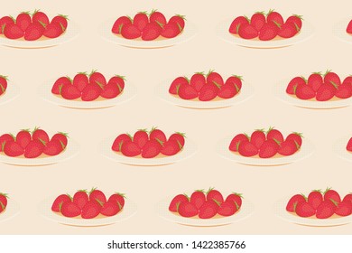 Seamless pattern. Plates with strawberries on a beige background. Vector.