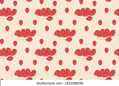 Seamless pattern. Plates with whole fresh strawberries and strawberries outside on a beige background. Vector.