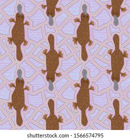 Seamless pattern of platypus with ethnic ornament elements. Repetitive textile vector print, wallpaper design.