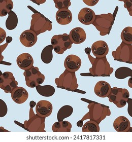 Seamless pattern of platypuses on a blue background