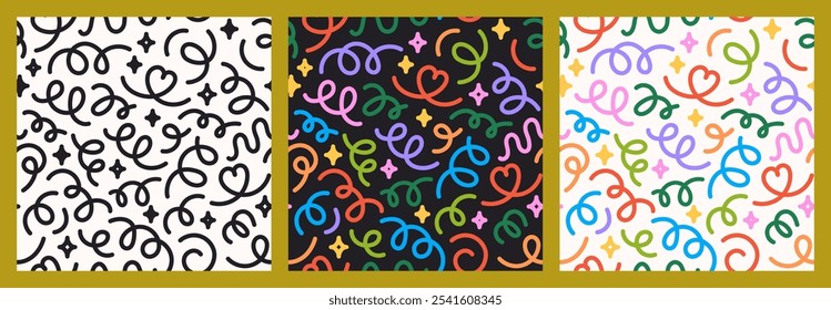 Seamless pattern of playful, abstract doodles, colorful linear shapes, modern doodle style. Vector cartoon illustration