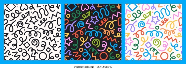 Seamless pattern of playful, abstract doodles, colorful linear shapes, modern doodle style. Vector cartoon illustration