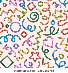 Seamless pattern of playful, abstract doodles, colorful linear shapes, modern doodle style. Vector cartoon illustration