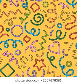 Seamless pattern of playful, abstract doodles, colorful linear shapes, modern doodle style. Vector cartoon illustration