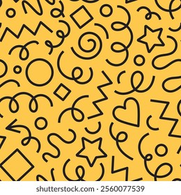 Seamless pattern of playful, abstract doodles, colorful linear shapes, modern doodle style. Vector cartoon illustration