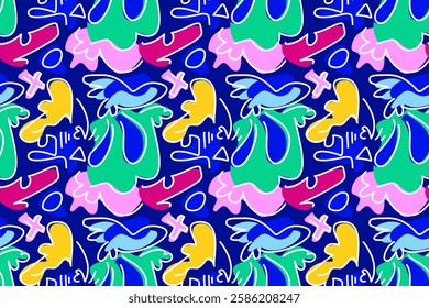 Seamless pattern with playful, abstract shapes and vibrant colors, reminiscent of children's art and imaginative doodles. Perfect for kids' products, textiles