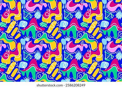 Seamless pattern with playful, abstract shapes and vibrant colors, reminiscent of children's art and imaginative doodles. Perfect for kids' products, textiles