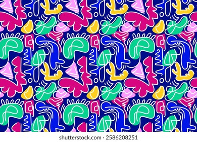 Seamless pattern with playful, abstract shapes and vibrant colors, reminiscent of children's art and imaginative doodles. Perfect for kids' products, textiles