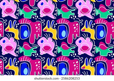 Seamless pattern with playful, abstract shapes and vibrant colors, reminiscent of children's art and imaginative doodles. Perfect for kids' products, textiles