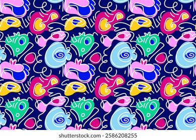 Seamless pattern with playful, abstract shapes and vibrant colors, reminiscent of children's art and imaginative doodles. Perfect for kids' products, textiles