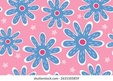 Patrón sin fisuras Patrón de Vector de flores azules juguetones sobre fondo rosa — Lindo diseño sin fisuras para tela y papelería