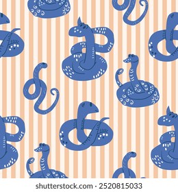 Seamless pattern of playful blue snakes with white accents on a striped beige background. Nursery and kids fabric and wallpapers. Vector hand drawn illustration.