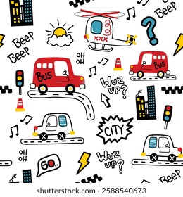 Seamless pattern of playful cars, buses, helicopter, and city elements with doodle text. Kids transportation concept
