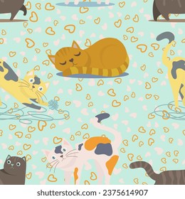 Seamless Pattern Playful Cat with Cartoon Style