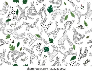 Seamless pattern with playful cats from different lines in the doodle style. It can be used for home textiles, postcards, mazes, puzzles, games with children, color with pencils