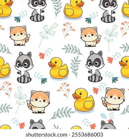 Seamless pattern with playful cats, raccoons, rubber ducks, and floral accents in a cartoon style. Perfect for kids' products, wallpapers, and creative design projects. Vibrant, fun, and trendy