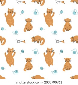 Seamless pattern with playful cats and toys - mouse and balls of thread. Brown and blue colors on white background. For prints, backgrounds, wrapping paper, textile, linen, wallpaper, etc.