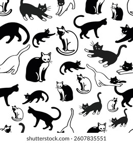 Seamless pattern of playful cats in various poses, including walking, sitting, stretching, and jumping. A black and white vector illustration ideal for fabric, decor, pet-themed designs, and modern gr