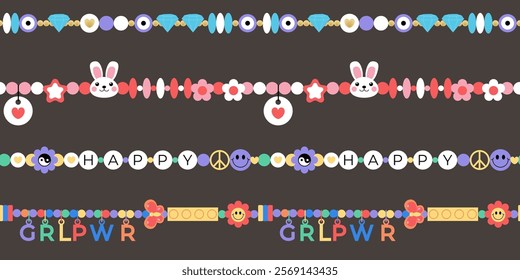 Seamless pattern with playful charms. Beaded friendship bracelet with bunny and floral motifs. Kawaii design accessories background for textile, wrapping paper, fabric.