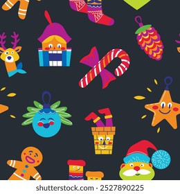 Seamless pattern of playful Christmas icons in vibrant colors. Vector illustration with dark background, perfect for festive designs and gift wrapping.