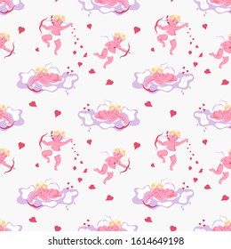 Seamless pattern with Playful Cupid sleeping on cloud, aim an arrow from archery, sprinkles with hearts. Symbol of love for Valentines day fabric, textile, wrapping paper Flat Art Vector illustration