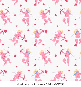 Seamless pattern with Playful Cupid sleeping on cloud, aim an arrow from archery, sprinkles with hearts. Symbol of love for Valentines day fabric, textile, wrapping paper Flat Art Vector illustration