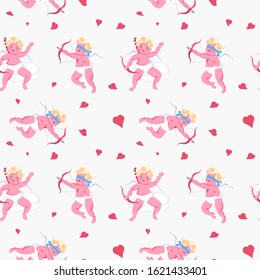 Seamless pattern with Playful Cupid sleeping on cloud, aim an arrow from archery, sprinkles with hearts. Symbol of love for Valentines day fabric, textile, wrapping paper Flat Art Vector illustration