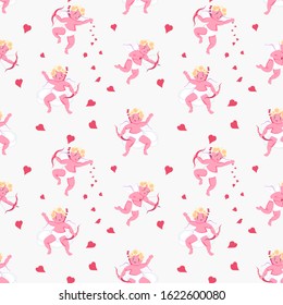 Seamless pattern with Playful Cupid sleeping on cloud, aim an arrow from archery, sprinkles with hearts. Symbol of love for Valentines day fabric, textile, wrapping paper Flat Art Vector illustration