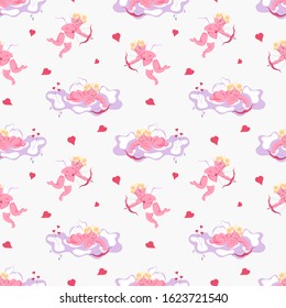 Seamless pattern with Playful Cupid sleeping on cloud, aim an arrow from archery, sprinkles with hearts. Symbol of love for Valentines day fabric, textile, wrapping paper Flat Art Vector illustration